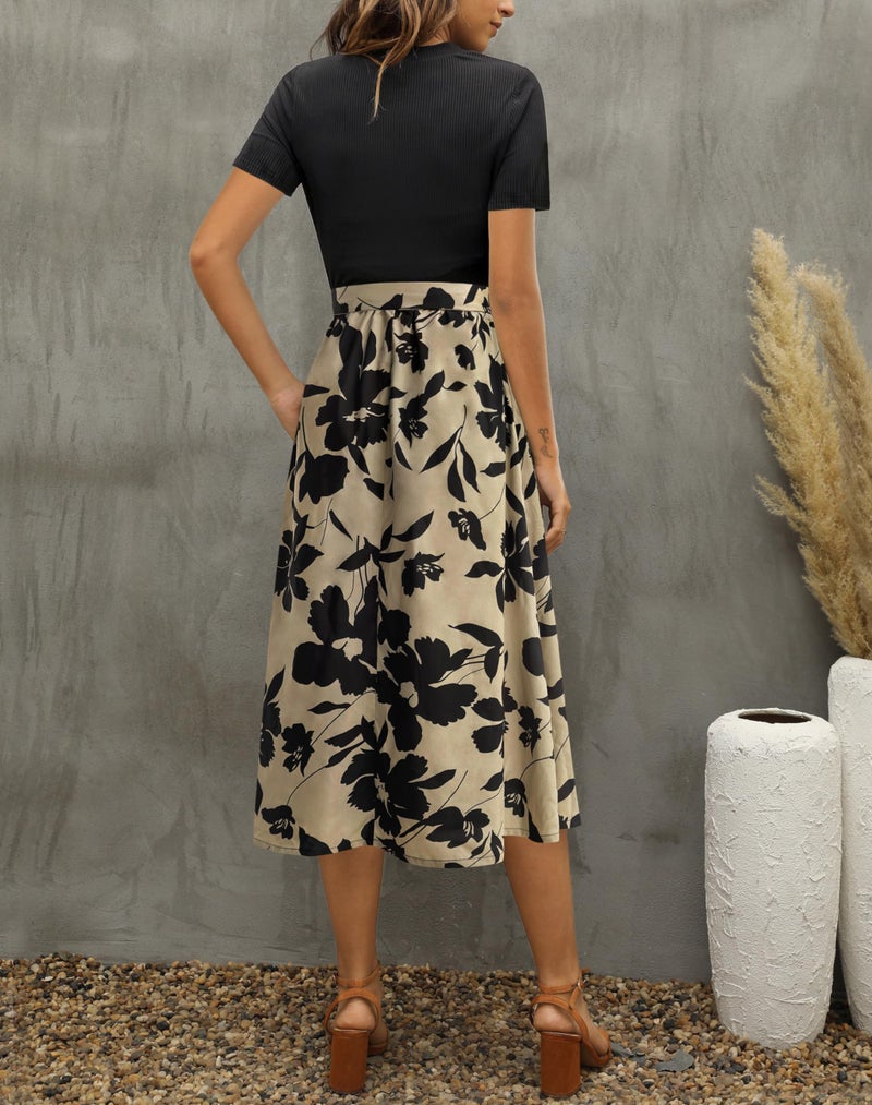 Zattcas Women 2026 Summer Dress Short Sleeve Ribbed Teacher Church Modest Business Casual Work Outfits Midi Dress with Pockets Blacktaupe L - Image 3