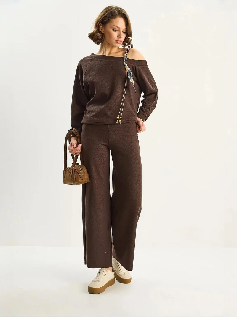 Bianco Lucci Dark Mocha Brown LUCCI Knitwear Accesiory Detailed Two-Piece Set for Women | Best Price UAE