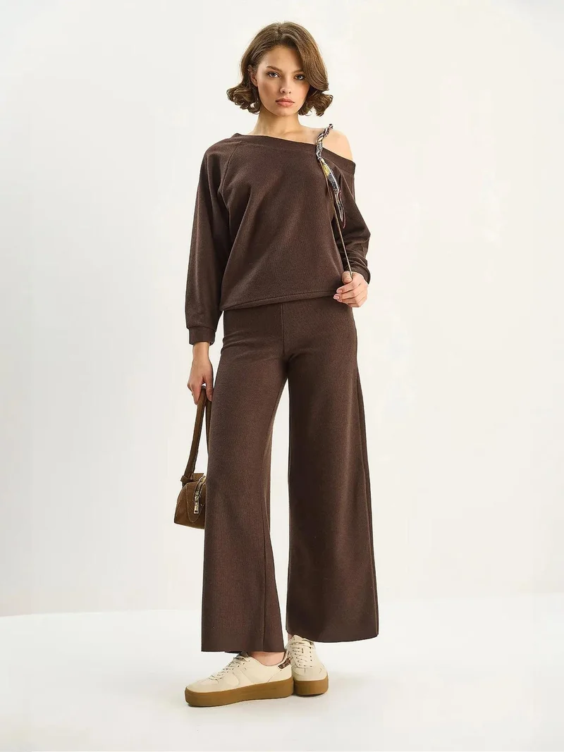 Bianco Lucci Dark Mocha Brown LUCCI Knitwear Accesiory Detailed Two-Piece Set for Women | Best Price UAE