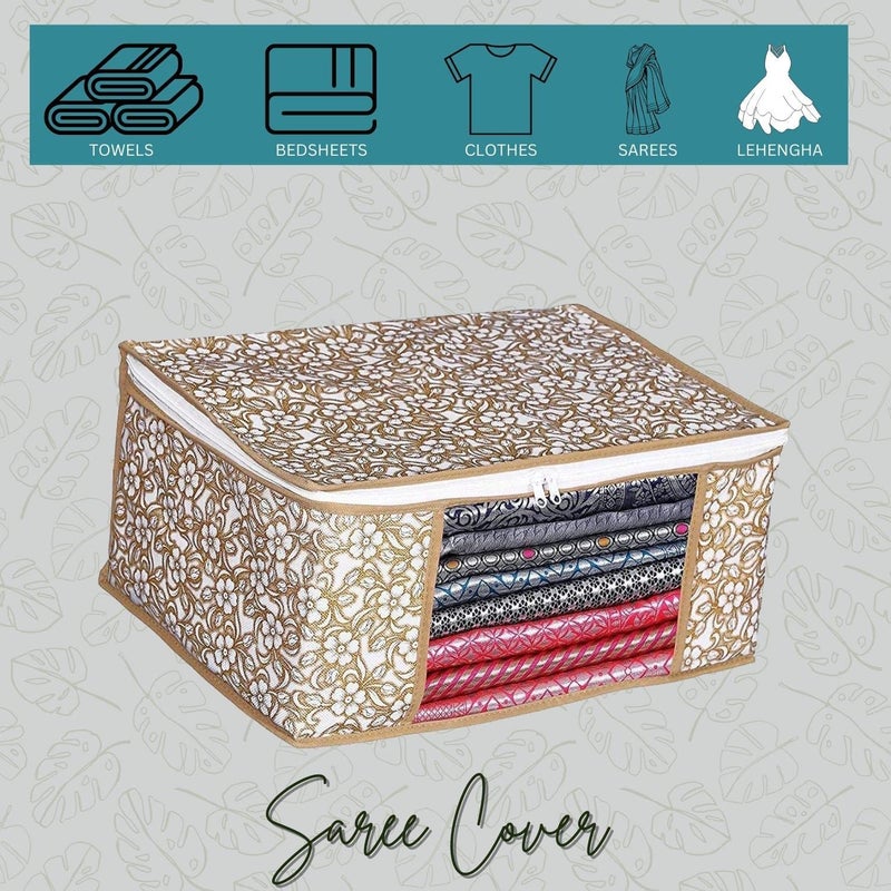 BTOS Printed Non Woven Fabric Saree CoverClothes Organiser For Wardrobe Set With Transparent And Zip Lehenga Suit Dress Extra Large Beige Pack Of 5 32 Cm 22 Cm - Image 2