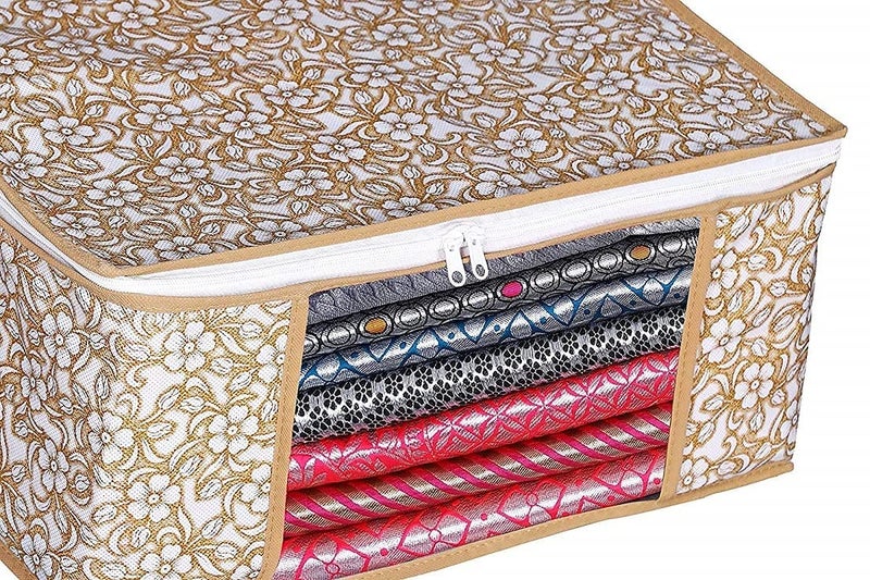 BTOS Printed Non Woven Fabric Saree CoverClothes Organiser For Wardrobe Set With Transparent And Zip Lehenga Suit Dress Extra Large Beige Pack Of 5 32 Cm 22 Cm - Image 4