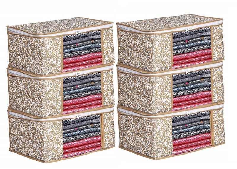 BTOS Printed Non Woven Fabric Saree CoverClothes Organiser For Wardrobe Set With Transparent And Zip Lehenga Suit Dress Extra Large Beige Pack Of 5 32 Cm 22 Cm - Image 1