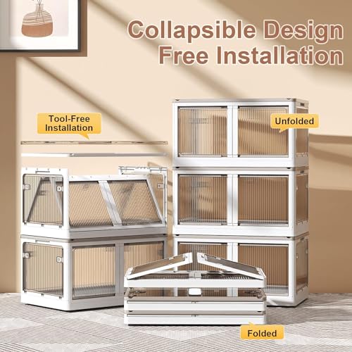 EXVITO Plastic Cupboard for Storage - Collapsible Wardrobes for Clothes | Almirah for Clothes | Folding Storage Box | Stackable Storage Bins with Door Space Saving Bedroom Closet (Off-White, 1-Tier) - Image 3