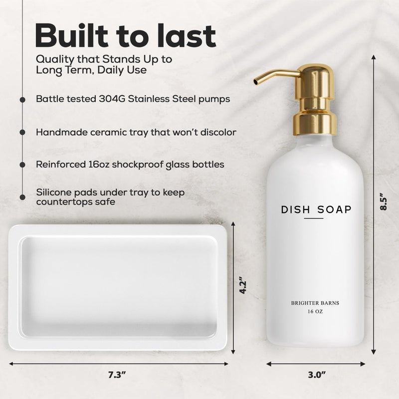 Brighter Barns Luxury Glass Hand and Dish Soap Dispenser Set by Brighter Barns - Kitchen Soap Dispenser Set with Tray for Kitchen Sink - White and Gold Home Accessories & Decor for Restaurants, Airbnb, Gift (Gold) - Image 3