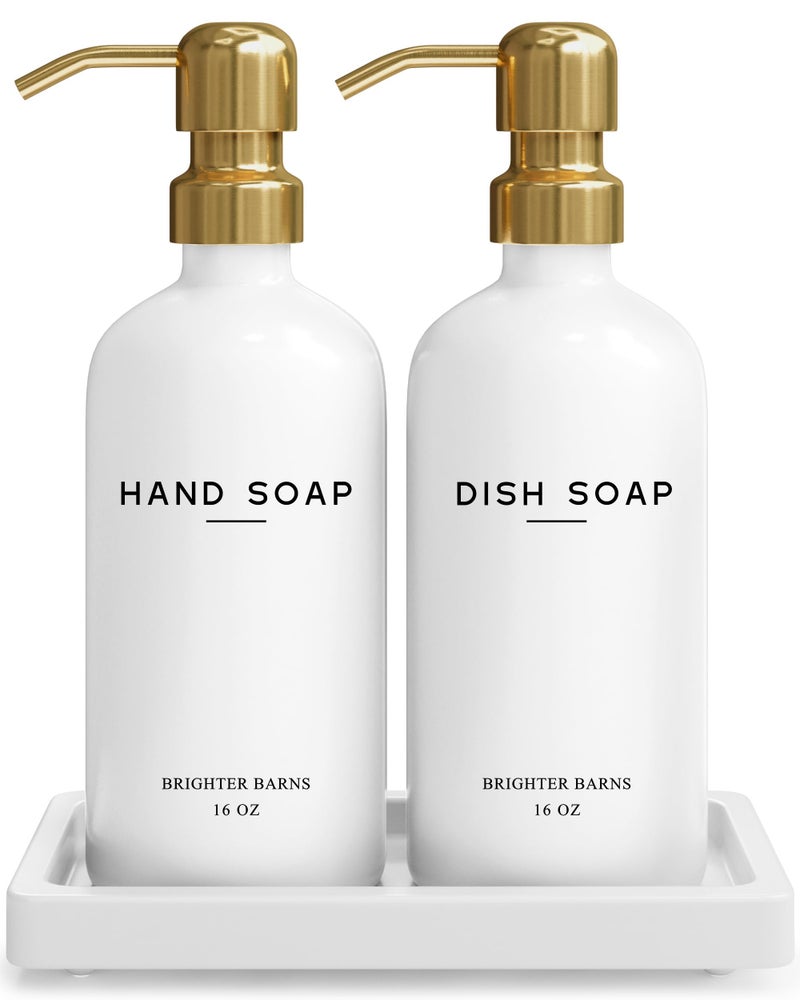 Brighter Barns Luxury Glass Hand and Dish Soap Dispenser Set by Brighter Barns - Kitchen Soap Dispenser Set with Tray for Kitchen Sink - White and Gold Home Accessories & Decor for Restaurants, Airbnb, Gift (Gold) - Image 1