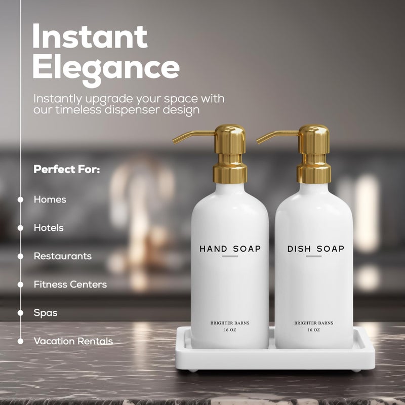 Brighter Barns Luxury Glass Hand and Dish Soap Dispenser Set by Brighter Barns - Kitchen Soap Dispenser Set with Tray for Kitchen Sink - White and Gold Home Accessories & Decor for Restaurants, Airbnb, Gift (Gold) - Image 2