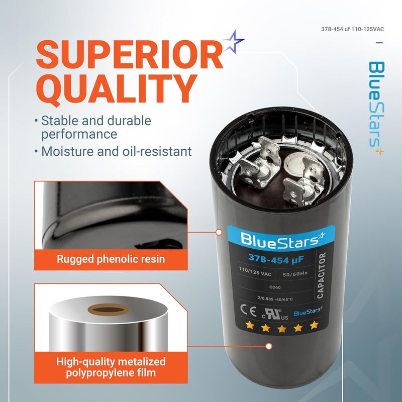 BlueStars 378-454 uf/MFD 110-125 VAC Volt Round Motor Start Capacitor Replacement - Perfect Fit for Single Phase Electric Motor and Gear Motor Applications - Image 5