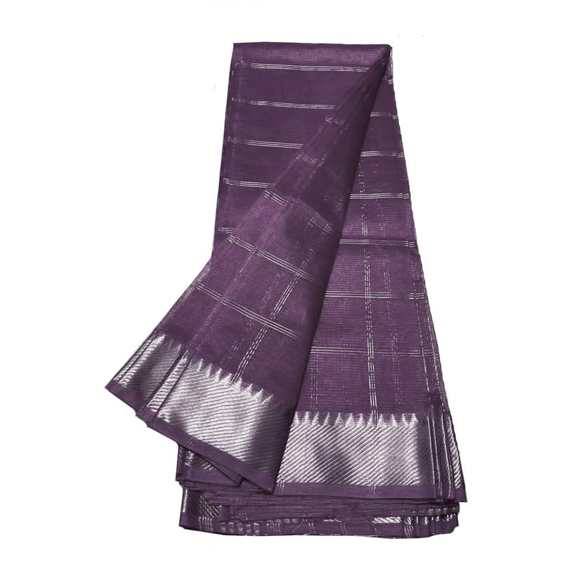SheenKraft | Women's Handloom Cotton Silk Bhagalpuri Check Saree with Zari Designed Border Free Size_Color Variation (12037 English_Violet) - Image 5