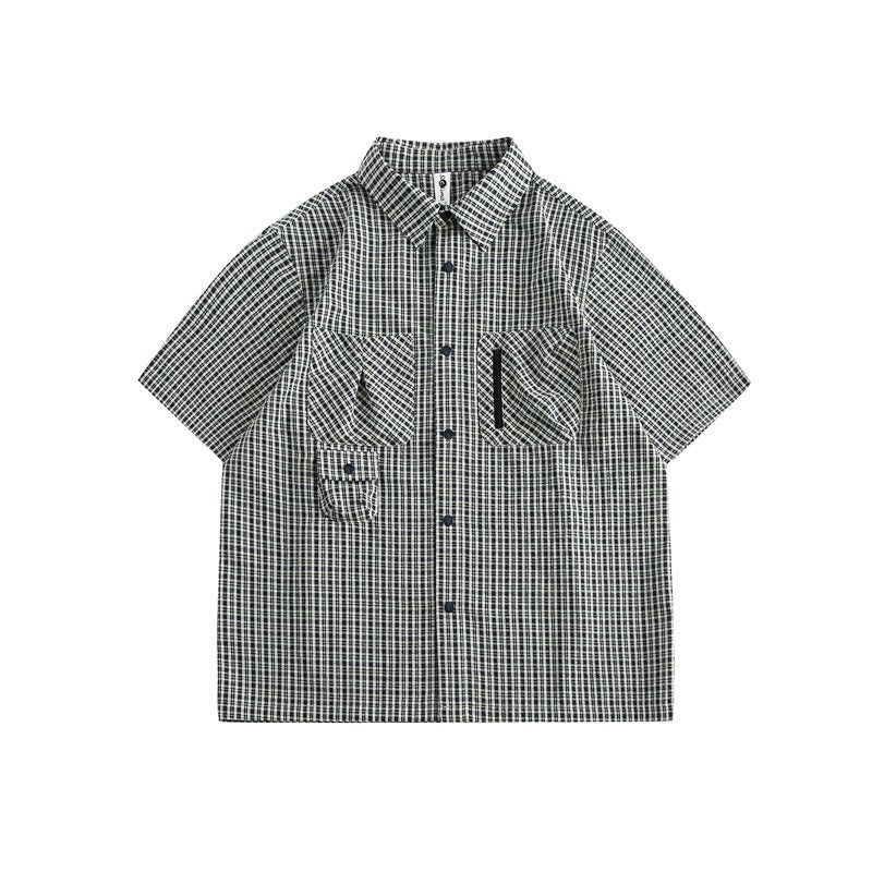 Guye mens Japanese fashion brand 2024 Summer new workwear short sleeve shirt mens retro half sleeve plaid shirt Monochrome