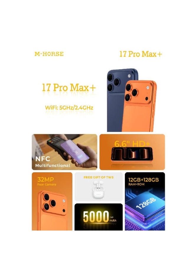 M-HORSE 17 Pro Max Smartphone, 12GB RAM, 128GB Storage, Full HD+ Display, Multi-Lens Camera, Fast Charging – Orange - Image 3