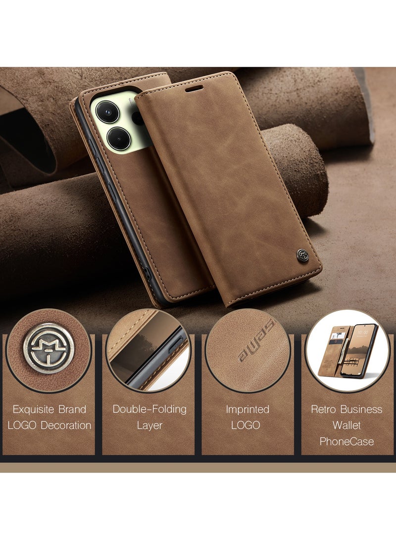CaseMe Phone Case Luxury PU Leather Design 013 Flip Cover Card Slot Holder Cover For Redmi Note 14 4G (Brown) - Image 5