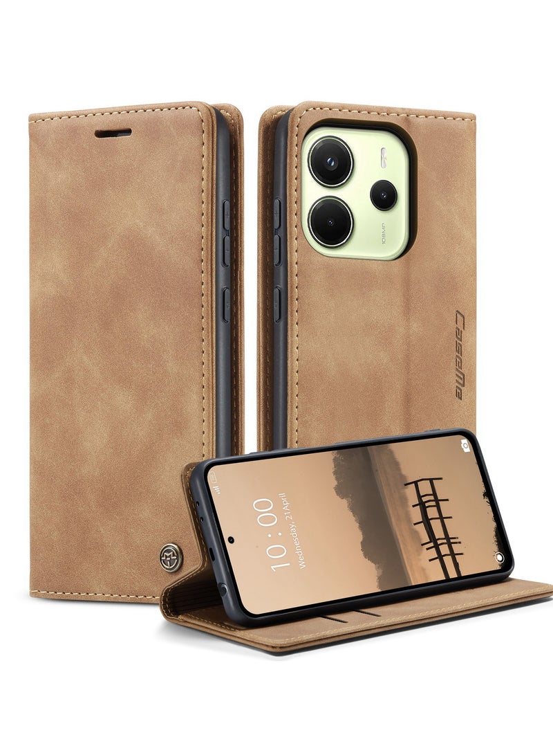 CaseMe Phone Case Luxury PU Leather Design 013 Flip Cover Card Slot Holder Cover For Redmi Note 14 4G (Brown) - Image 2
