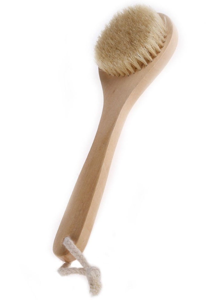 ZCM-HAPPY HapBest Natural Bristle Shower Brush Middle Long Handle Wooden Shower Body Bath Brush Round Head, 10CM - Image 1