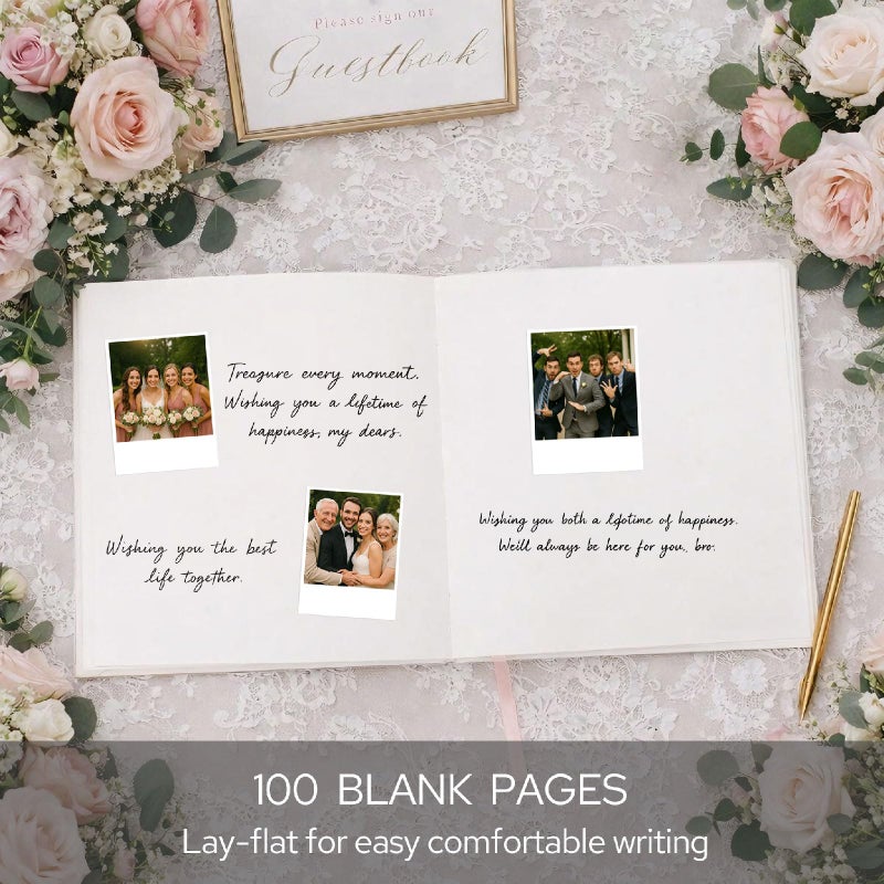 FEELOVE Wedding Guest Book with Embroidered Cover - 8.2" x 8.2" Elegant Guest Book for Party, Wedding Reception, Bridal Shower, Memorial, and Anniversary - Image 2