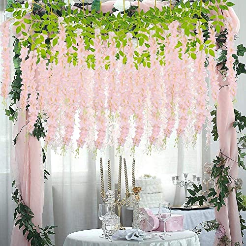 Tia Crafts polyester Artificial Hanging Flowers for Ceiling Balcony|Baby Pink Wisteria Vine|Home Party Decor Garden Outdoor Greenery Wall Decoration|Waterproof Washable - 3.7ft Pack of 6 (Baby Pink,6) - Image 3