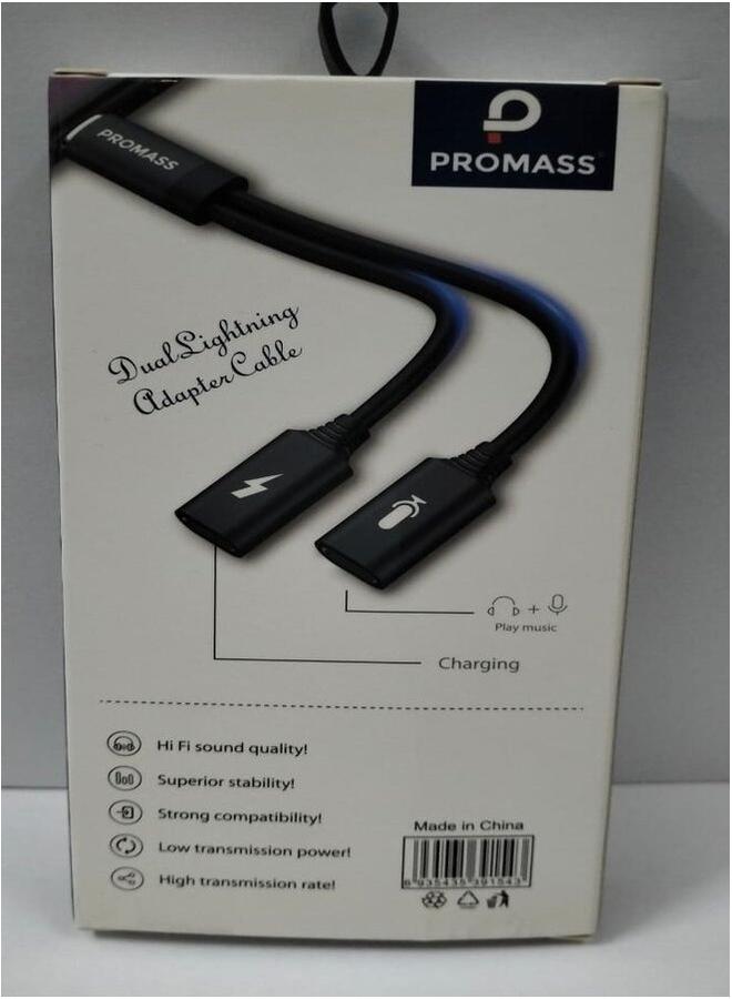 PROMASS Dual Lighting Adapter Charging/Play Music & Calling Cable Black. - Image 3