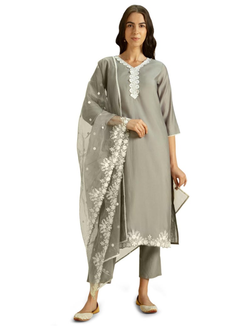 Kaari Women's Solid Color Kurta Set with Dupatta - Straight Fit | Silk Blend Fabric | Embroidery & Lace on Border | Organza Dupatta with Embroidery | Straight Pant with Side Pocket - Image 1