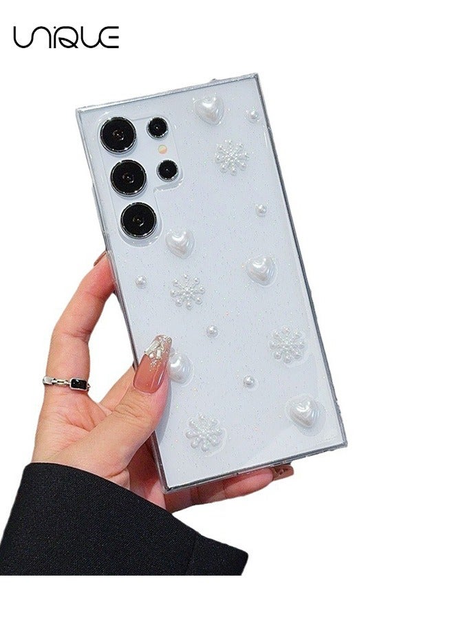 يونيك متوافق مع جراب هاتف سامسونج جالاكسي S25 الترا - جراب هاتف 3D Heart Bow لامع - جراب هاتف شفاف من الفراولة - حماية من السقوط TPU - Image 1