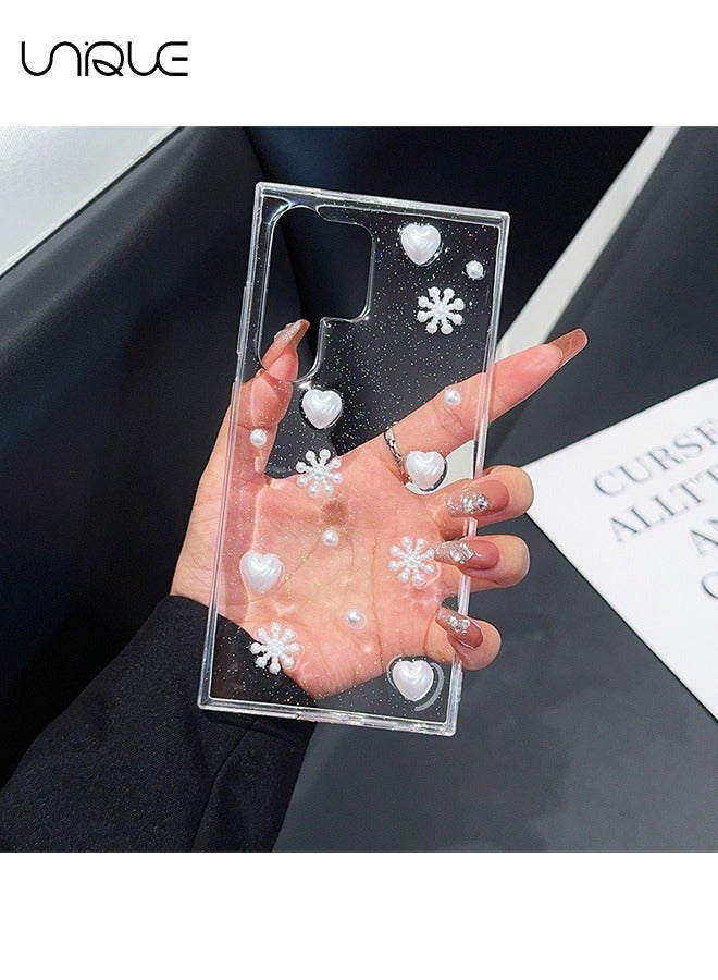 يونيك متوافق مع جراب هاتف سامسونج جالاكسي S25 الترا - جراب هاتف 3D Heart Bow لامع - جراب هاتف شفاف من الفراولة - حماية من السقوط TPU - Image 2