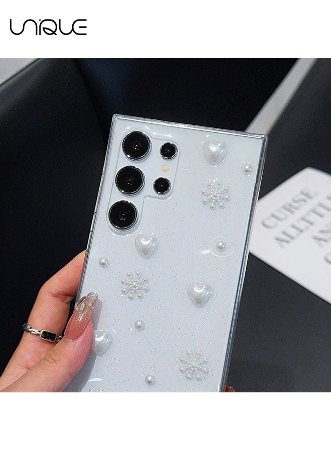 يونيك متوافق مع جراب هاتف سامسونج جالاكسي S25 الترا - جراب هاتف 3D Heart Bow لامع - جراب هاتف شفاف من الفراولة - حماية من السقوط TPU - Image 3