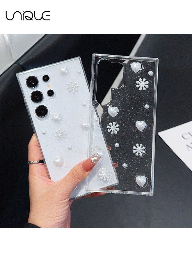 يونيك متوافق مع جراب هاتف سامسونج جالاكسي S25 الترا - جراب هاتف 3D Heart Bow لامع - جراب هاتف شفاف من الفراولة - حماية من السقوط TPU - Image 5