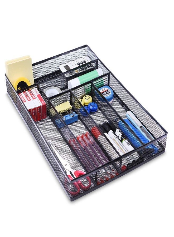 WuGeShop Desk Drawer Organizer with 6 Compartments, Mesh Drawer Organizer Tray for Stationery, Office Supplies Desktop Storage, Black - Image 1