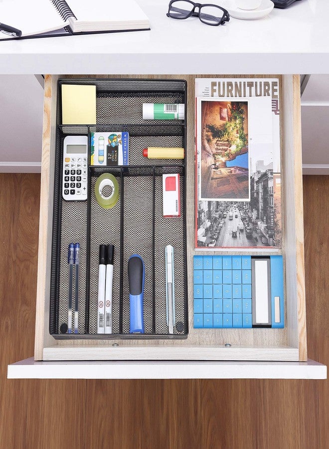 WuGeShop Desk Drawer Organizer with 6 Compartments, Mesh Drawer Organizer Tray for Stationery, Office Supplies Desktop Storage, Black - Image 3
