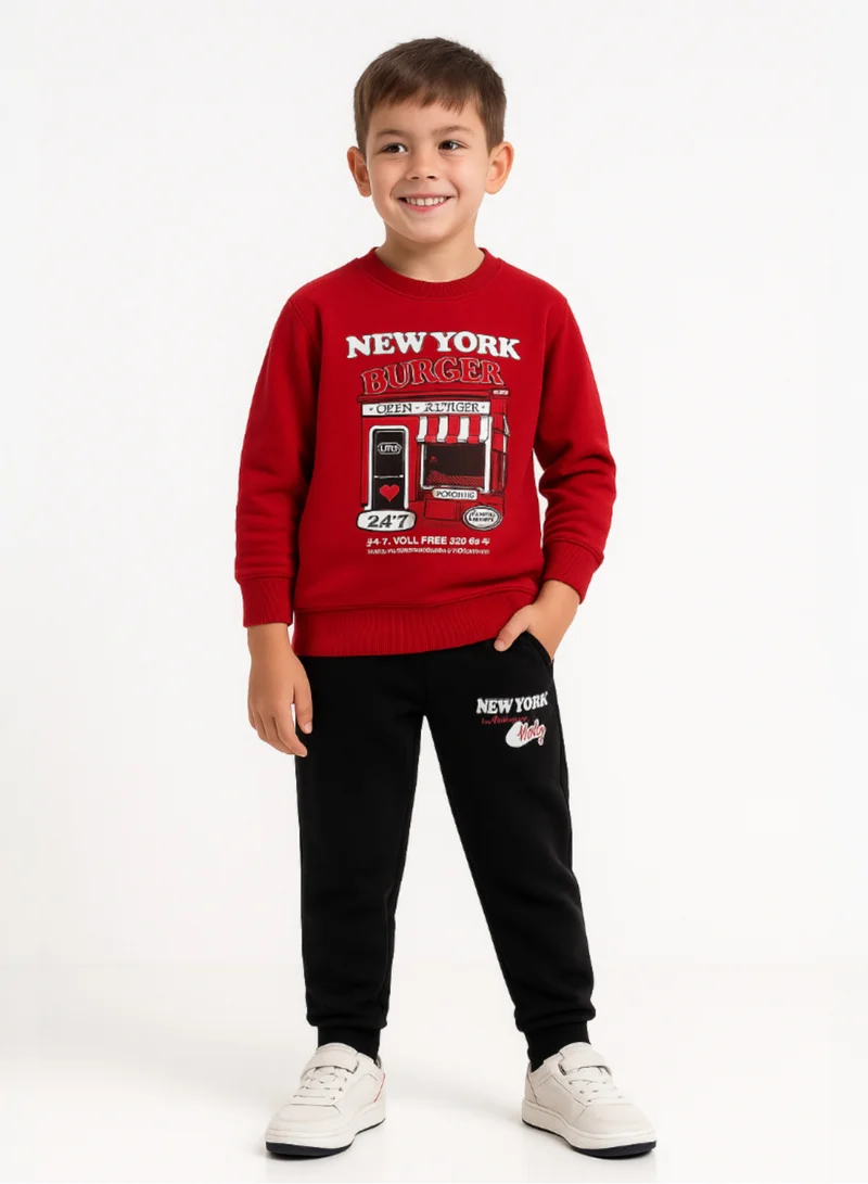 victor and jane Boys’ Trendy  Winter Tracksuit – Red Sweatshirt &amp; Black Joggers with NYC Print