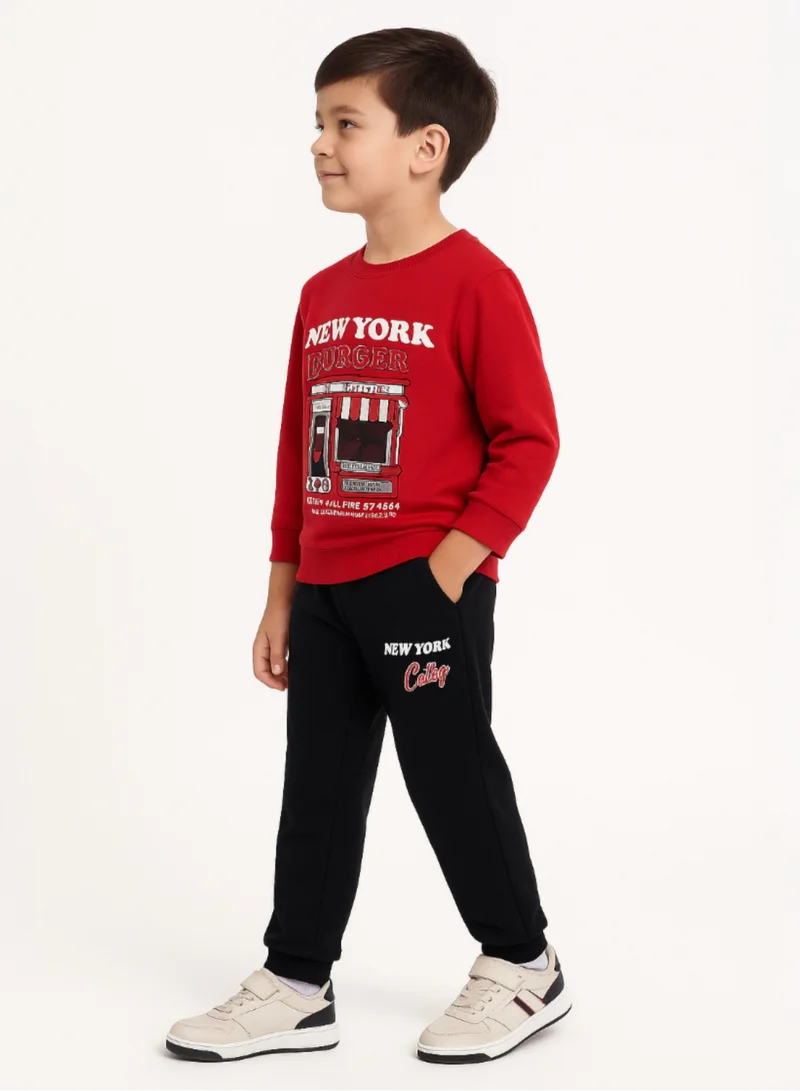 victor and jane Boys’ Trendy  Winter Tracksuit – Red Sweatshirt &amp; Black Joggers with NYC Print