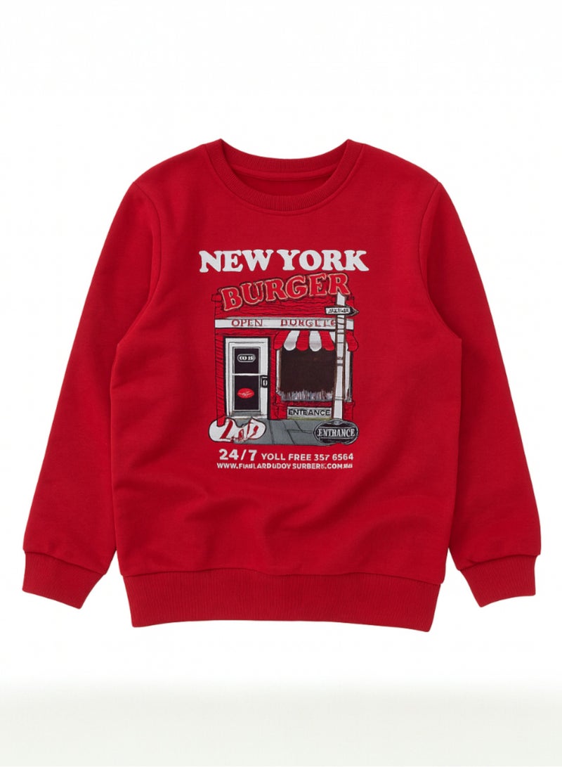 فكتور اند جين بدلة رياضية شتوية عصرية للأولاد – سويت شيرت أحمر وبنطلون رياضي أسود بطبعة نيويورك - Image 3