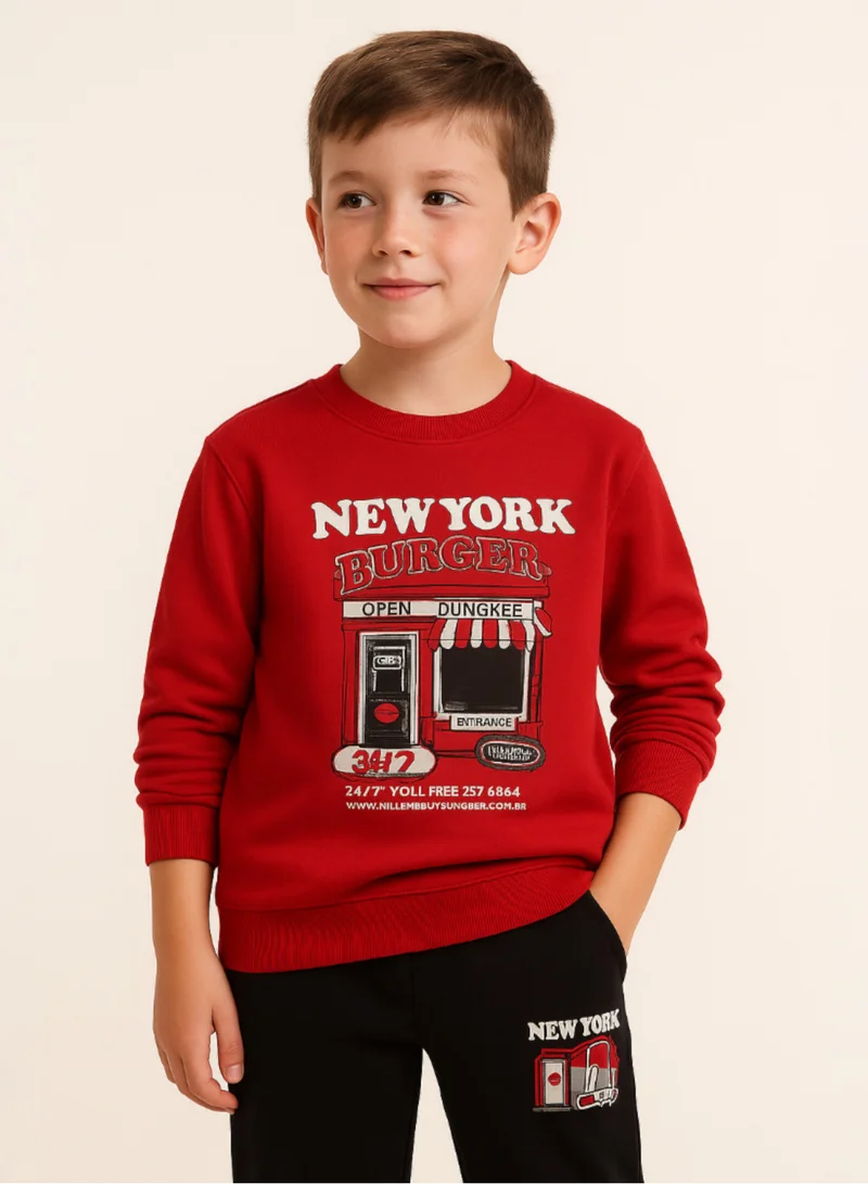 victor and jane Boys’ Trendy  Winter Tracksuit – Red Sweatshirt &amp; Black Joggers with NYC Print