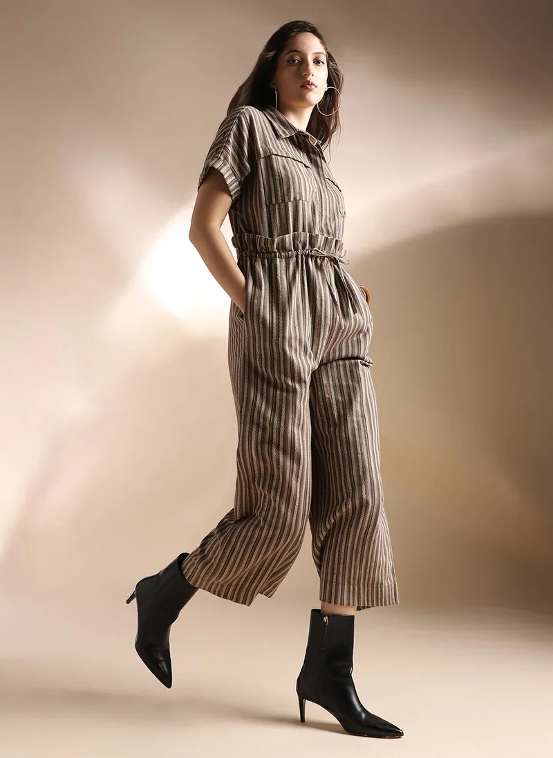 Globus Women Brown Striped Extended Sleeves Collared Neck Waist Tie-Ups Wide Leg Jumpsuit