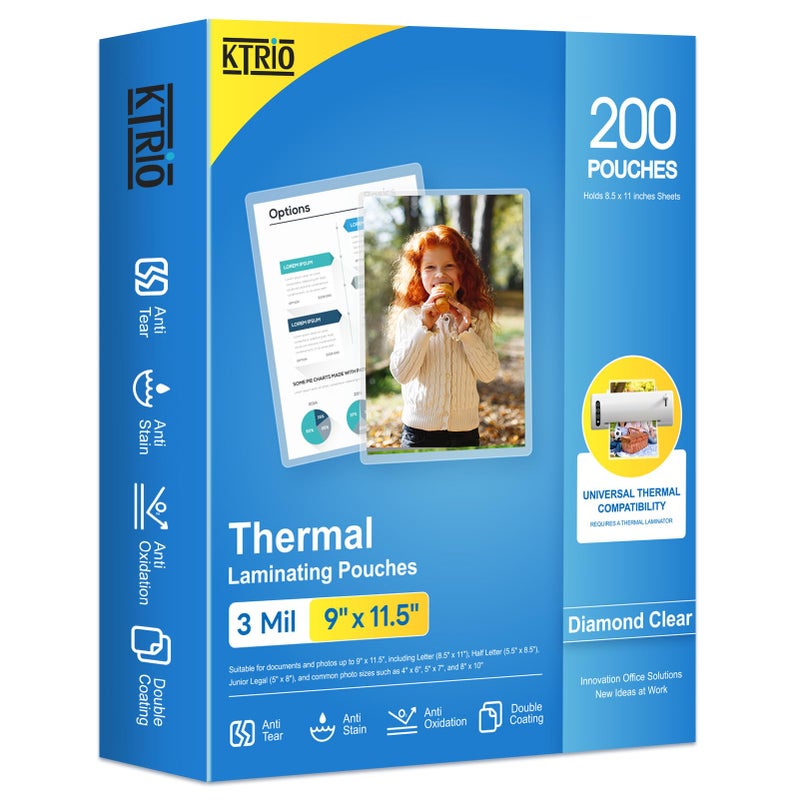 KTRIO 200 Pack Laminating Sheets, Hold 8.5 x 11 Inches, 3 MIL Thermal Laminating Pouches, 9 x 11.5 Laminate Sheets for Laminator, Clear Lamination Sheet Paper, Letter Size, Office School Home Supplies