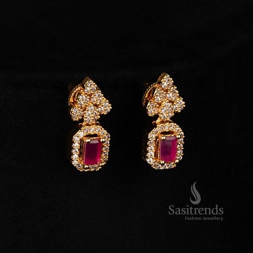 Sasitrends American Diamond White Ruby Leaf Pattern Rectangular Shaped Pendant Necklace Set - Image 4