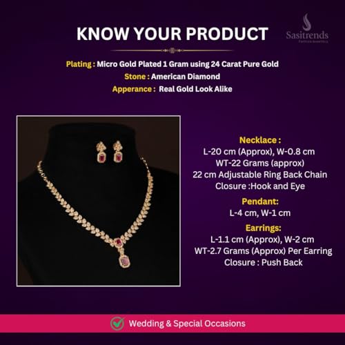 Sasitrends American Diamond White Ruby Leaf Pattern Rectangular Shaped Pendant Necklace Set - Image 2