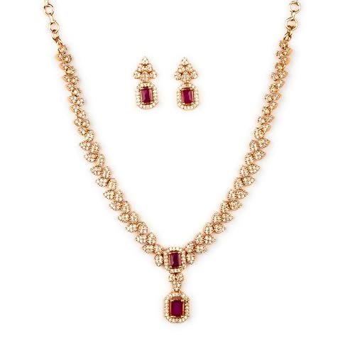 Sasitrends American Diamond White Ruby Leaf Pattern Rectangular Shaped Pendant Necklace Set - Image 1