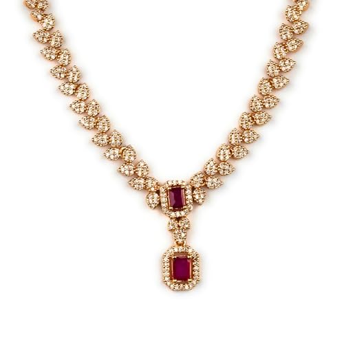Sasitrends American Diamond White Ruby Leaf Pattern Rectangular Shaped Pendant Necklace Set - Image 5
