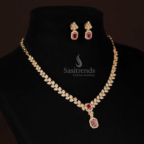 Sasitrends American Diamond White Ruby Leaf Pattern Rectangular Shaped Pendant Necklace Set - Image 3