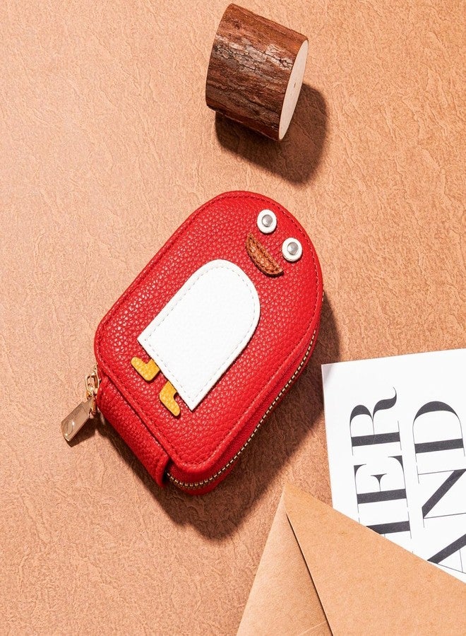 Cartoon Penguin Small Wallet with Zip Closure, Portable Card Holder Organizer with Multiple Card Slots and Coin Pocket, Cute Mini Purse for Women Girls and Kids (Red) - Image 2