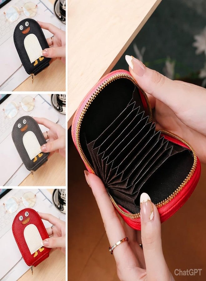 Cartoon Penguin Small Wallet with Zip Closure, Portable Card Holder Organizer with Multiple Card Slots and Coin Pocket, Cute Mini Purse for Women Girls and Kids (Red) - Image 3