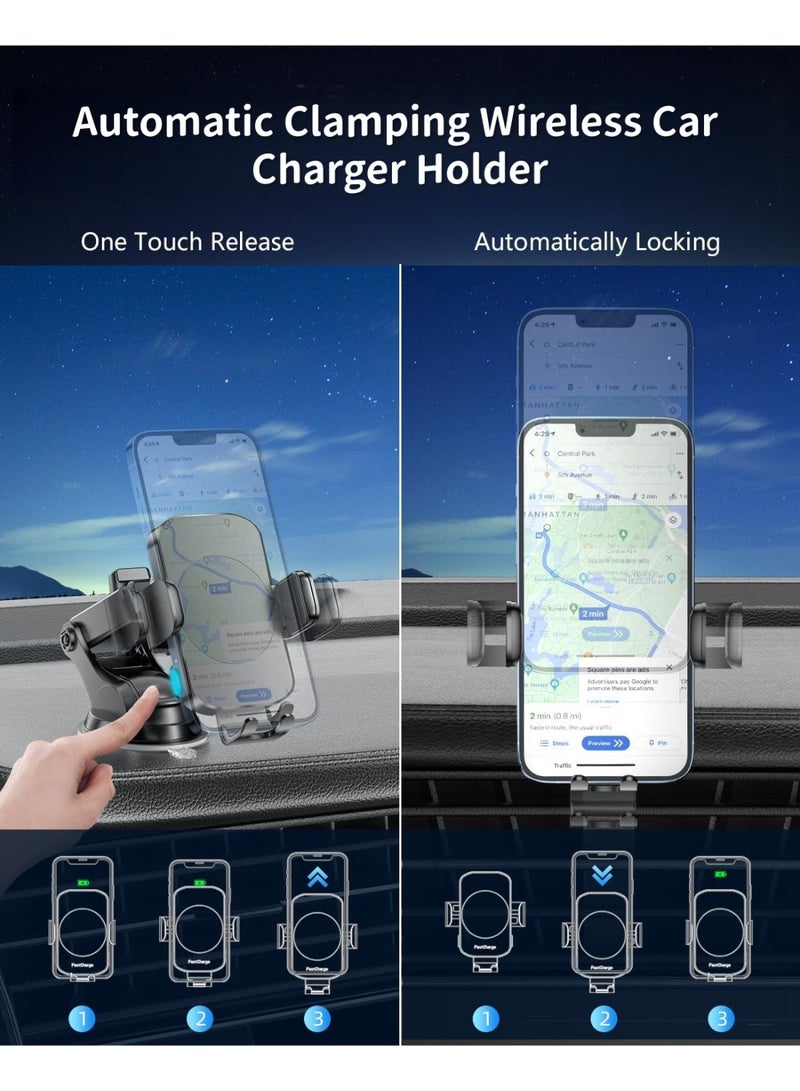 شاحن سيارة لاسلكي 3 في 1، حامل هاتف بشحن سريع ومثبت تلقائي، متوافق مع سلسلة iPhone 17–11، وSamsung Galaxy S25–S10، وNote 9 – إكسسوارات السيارات - Image 4