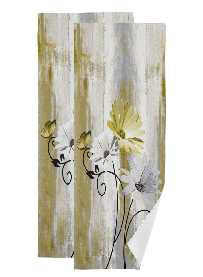 AIYOOLER Yellow White Daisy Hand Towels for Bathroom Set of 2 Soft Absorbent Rustic Flower Butterfly on Country Wood Small Bath Towels Decorative Farm Kitchen Dish Towel Guest Bathroom Towels 28x14in - Image 1