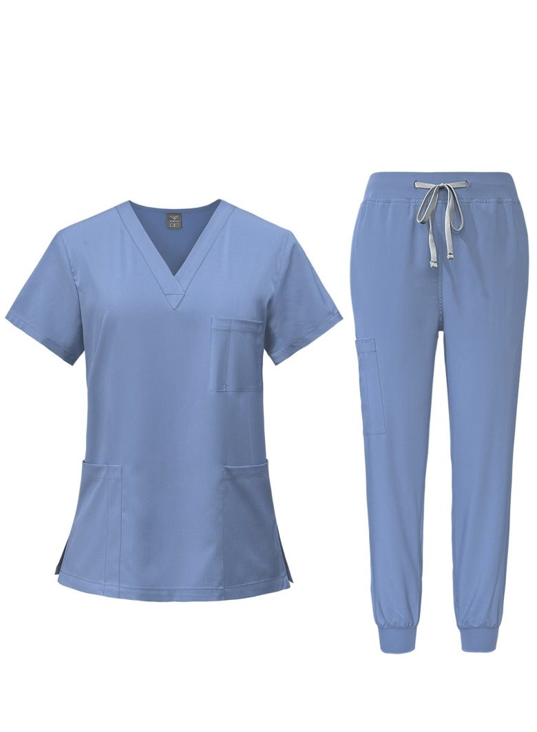 Loquat Medical Uniform Unisex Scrubs Set Medical Scrubs 2 Piece Set Top and Pants Suit Light Blue