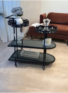 fan baytk "A stylish three-tier serving cart made of black iron with glass, the third tier is divided into two circular pieces. The cart is 87 cm high, 90 cm long and 40 cm wide. Its circular design adds an aesthetic and modern touch, making it ideal for serving food and drinks at parties and special occasions."  - Image 2