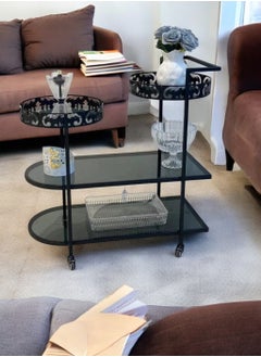 fan baytk "A stylish three-tier serving cart made of black iron with glass, the third tier is divided into two circular pieces. The cart is 87 cm high, 90 cm long and 40 cm wide. Its circular design adds an aesthetic and modern touch, making it ideal for serving food and drinks at parties and special occasions."  - Image 3