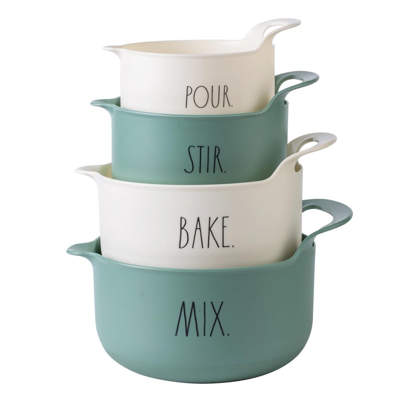 Rae Dunn Non-Slip Mixing Bowls - 4 Piece Nesting Plastic Mixing Bowl Set with Pour Spouts and Handles-Measurement Markings (Sage) - Image 1