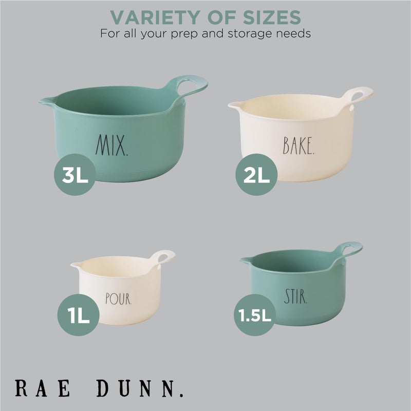 Rae Dunn Non-Slip Mixing Bowls - 4 Piece Nesting Plastic Mixing Bowl Set with Pour Spouts and Handles-Measurement Markings (Sage) - Image 3