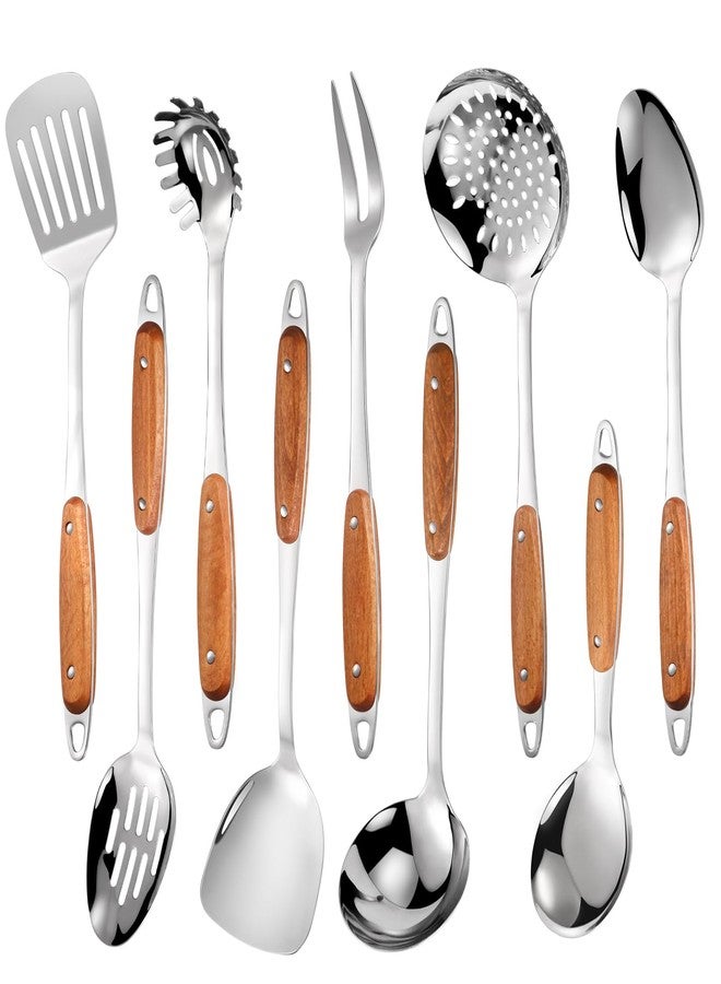 Lazycorner 304 Stainless Steel Cooking Utensils Set,9PCS Metal Kitchen Utensils Set with Wooden Handle,Solid Spoon,Spatula,Ladle,Skimmer,Spaghetti Spoon,Dishwasher Safe - Image 1