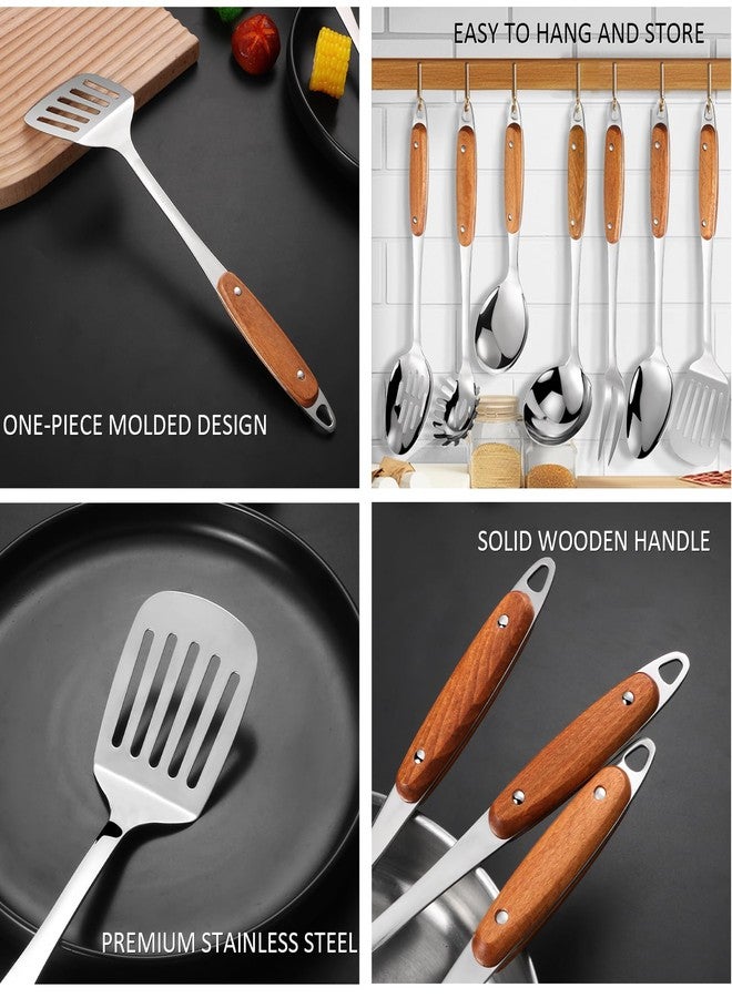Lazycorner 304 Stainless Steel Cooking Utensils Set,9PCS Metal Kitchen Utensils Set with Wooden Handle,Solid Spoon,Spatula,Ladle,Skimmer,Spaghetti Spoon,Dishwasher Safe - Image 5