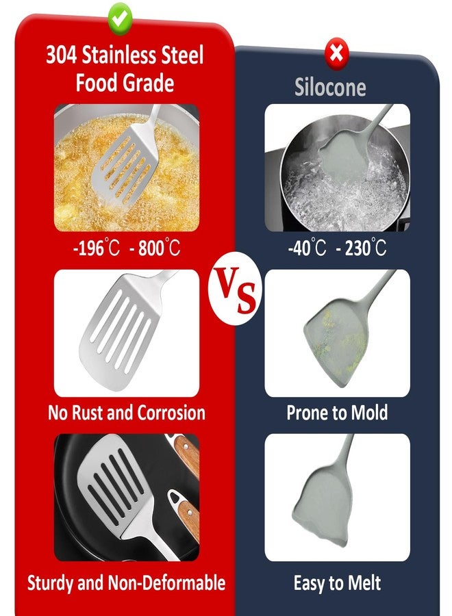 Lazycorner 304 Stainless Steel Cooking Utensils Set,9PCS Metal Kitchen Utensils Set with Wooden Handle,Solid Spoon,Spatula,Ladle,Skimmer,Spaghetti Spoon,Dishwasher Safe - Image 4